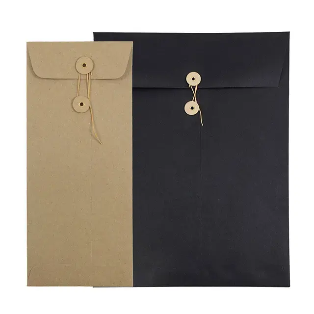 Hot Sale Customize Black Recycled Envelopes Kraft Paper String Envelope With Buttons Recycled different sizes Envelopes