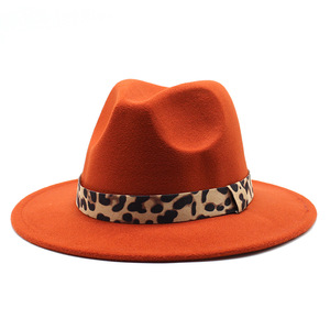Chapeaux Fedora <span class=keywords><strong>bordeaux</strong></span> unisexe en gros femmes plat large bord 100% Fedora laine feutre chapeau hommes vert Fedora chapeau avec ruban léopard - Product Image 5