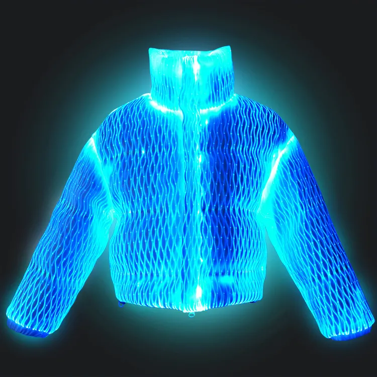 Nova Moda Fibra Óptica Luz Down Jacket Pode Ser Máquina Lavável Mens Hip Hop LED Wave Jacket Com Capuz Light Up Jacket Homens