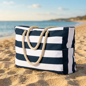 Navy White Striped Canvas <b>Tote</b> <b>Bag</b> with Customized <b>Zipper</b> Closure Rope Handles Side Pocket Water Resistant Travel Shopping <b>Bag</b> - Product Image 5
