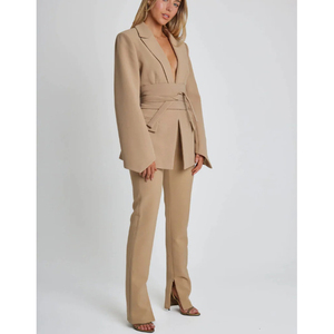 Completo da Donna RedPeony Primavera Autunno con <span class=keywords><strong>Pantaloni</strong></span> Dritti, Blazer Slim con Scollo a V, Maniche Lunghe e Cintura, <span class=keywords><strong>Tuta</strong></span> Elegante in Tinta Unita - Product Image 1