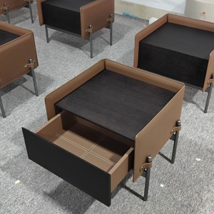 Table de chevet moderne de luxe <span class=keywords><strong>Evelyn</strong></span> en bois foncé et cuir marron avec cadre métallique, 1 tiroir, armoire de rangement pour chambre à coucher - Product Image 5