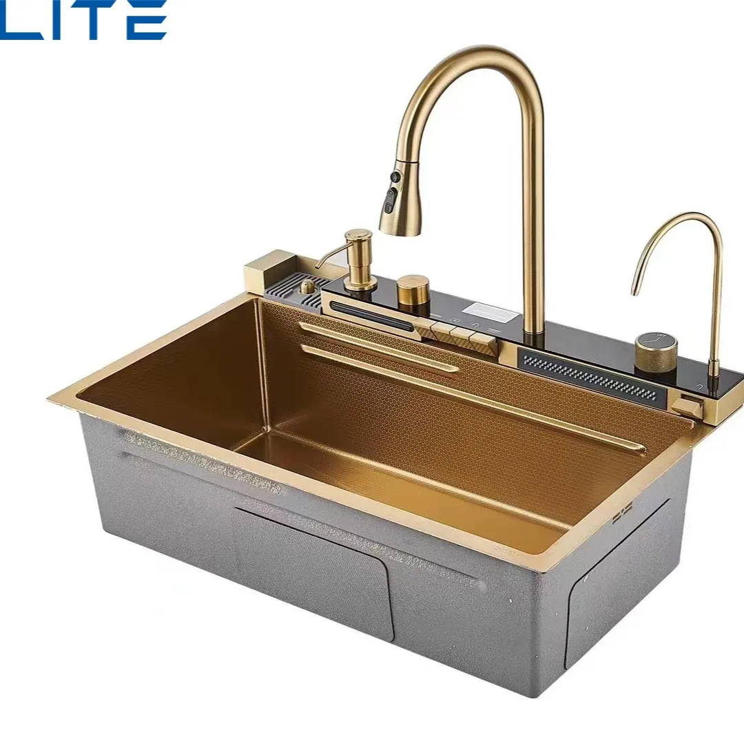 Newest Design Gold White Silver Honeycomb Nano 304 Stainless Steel Kitchen Sink With Waterfall Digital Display Faucet