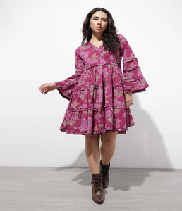 Robe midi tendance pour femmes en coton violet, manches longues, col en V, décontractée, légère, respirante, confortable, tenue de tous les jours - Product Image 4