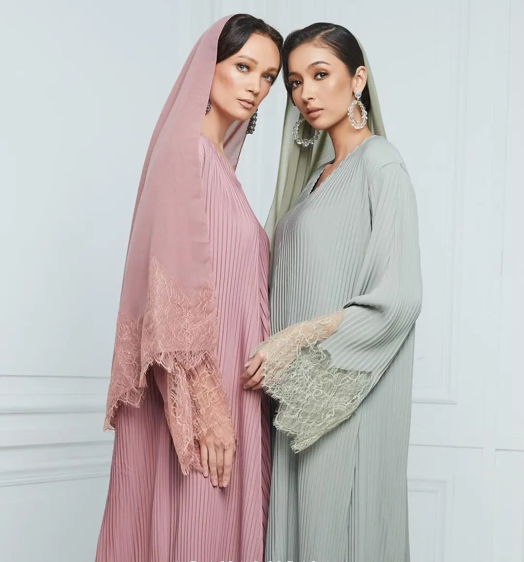 Váy Hồi Giáo Thời Trang Dubai Elegant Voan Dày Xếp Li Trumpet Tay Áo Ren Slim Fit Abaya Quần Áo Cô Gái Hồi Giáo