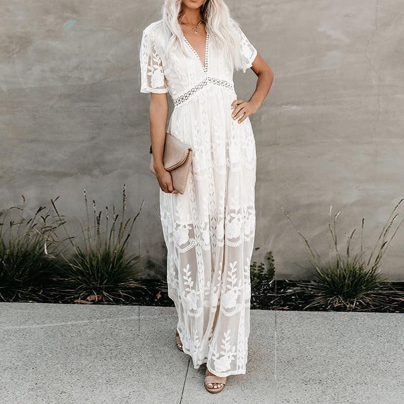2022 Summer Boho Women Maxi Dress - Loose Embroidery White Lace