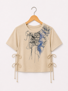 Women Printed Crop Top Casual Short Sleeve <b>Tie</b> Side T-shirt Fashion Round <b>Neck</b> Summer Top for Ladies Everyday Wear - Product Image 3