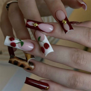 French Starry Leopard Press-on False Nails Pink Brown <strong>Detachable</strong> Nail Art <strong>Patch</strong> for Finger Long Tips Square Butterfly Design - Product Image 1