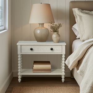Large Nightstand Antique Cream With <b>Drawer</b> And Shelf For Bedroom Storage - Product Image 1