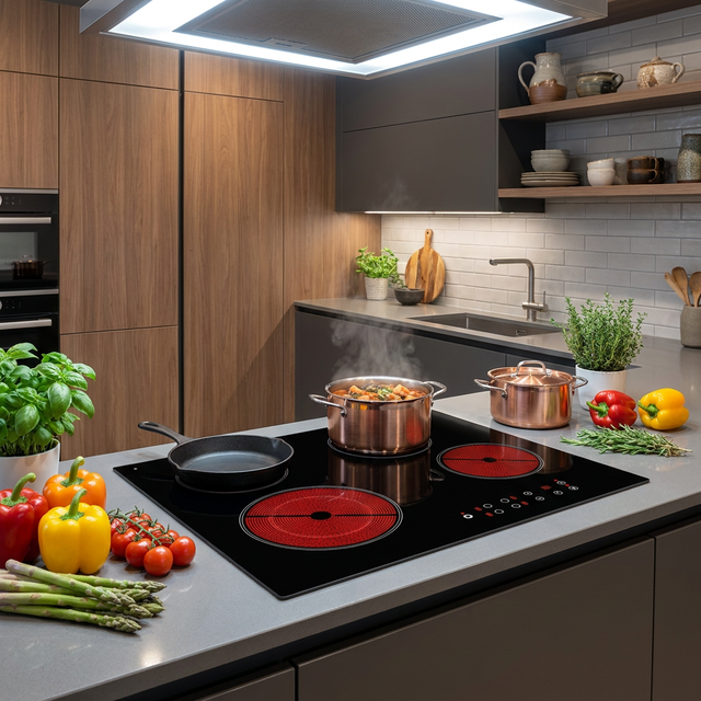 Sensor Touch Control 6400W 4 Burner Built-in Electric Cooktop with Smooth Ceramic Glass Surface Heat Protect for Home Kitchen