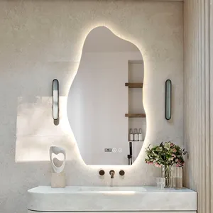 Espejo de baño con forma Irregular, impermeable, pantalla táctil personalizada, Led, desnebulizador