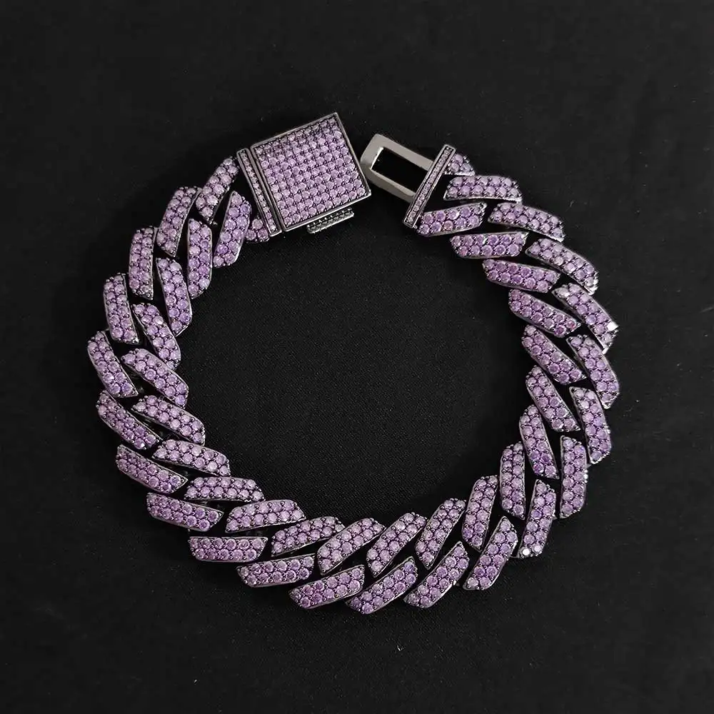 Hip Hop Jewelry 15mm Purple Diamond Cuban Link Chain Setting AAA Cubic Zirconia Prong Cuban Chain Bracelet