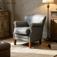 Fauteuil club en similicuir PU, style vintage, avec garniture cloutée, accoudoirs roulés, pieds en bois massif, pour salon, chambre, hôtel