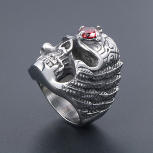 Men's Gothic Skull <b>Ring</b> With Red Gemstone <b>Titanium</b> Steel Bold Design SA790 - Product Image 2