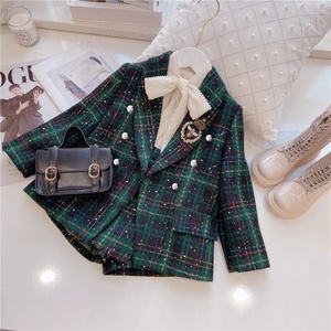 Ensemble de vêtements pour filles, 2 pièces, style princesse, printemps automne, veste en plaid pour enfants, manteau + short, tenue vintage - Product Image 1