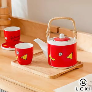 Service à thé en céramique jaune style campagne française, théière en osier avec 2 tasses, plateau en bois, porcelaine pour jardin et légumes, pour <span class=keywords><strong>la</strong></span> maison, <span class=keywords><strong>la</strong></span> cuisine, cadeau - Product Image 3