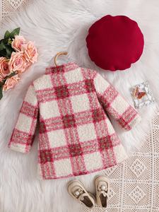 Cute Baby Girl Korean Winter Warm Long Printed Check Padded Coat Wine Red Bow Decorative Button Design with Beret for <strong>Toddler</strong> - Product Image 2