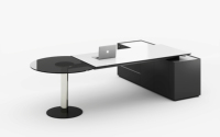 Bureau de direction en forme de L avec table de réunion ronde en verre réglable et armoire latérale