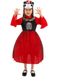 Vestido Rojo de Gasa para Niñas de Halloween con Decoración Facial de Esqueleto para Actuaciones en Televisión y Cine, Fiestas y Celebraciones - Product Image 3
