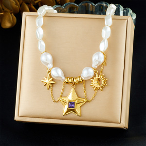 European American Sweet Cool Girl Star Necklace Imitation Pearl Gold Plated Purple Stone Party Fashion Jewelry - Product Image 1