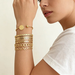 New Fashion 6pcs Gold Metal Geometric <b>Love</b> Letter Heart Tennis Open Charm Bangle Bracelet Set for Women Jewelry Punk Style - Product Image 3