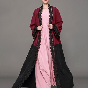 1565# Modest Elegant Kaftan Design Upper Part Maroon Splice Black With Pretty Black Flowers Border Open <b>Abaya</b> - Product Image 5
