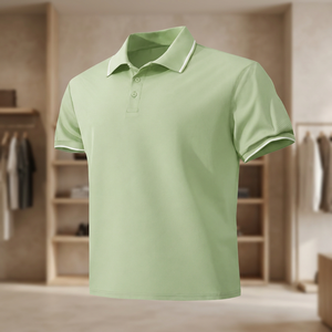 Polo à manches courtes vert uni pour homme, 100% coton piqué, respirant, style décontracté tissé - Product Image 3