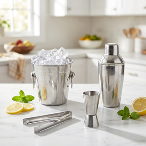 Ensemble de bar à cocktails moderne et écologique en acier inoxydable avec seau à glace et pince à glace, finition miroir argenté - Product Image 3