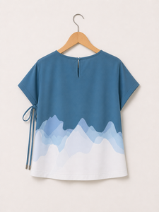 Camiseta azul con estampado abstracto para mujer, informal, de manga corta, cuello redondo, con lazo lateral, ropa de verano, camiseta holgada y elegante - Product Image 3
