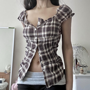 Blusa de Mujer de Manga Corta con Cuello y Botones, Tejido de Cuadros para Oficina, Transpirable, Casual, Económica al por Mayor - Product Image 3