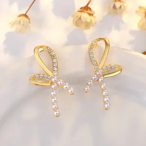 925 Silver Needle fashion simple bow white pearl with diamond stud earrings mother of pearl earring