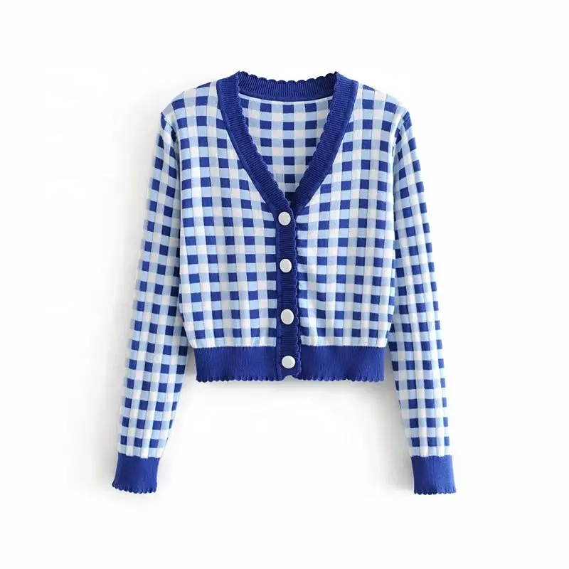 High quality short jumper coat brand fall spring thin blue plaid V-neck knit blue color plaid crop cotton cardigan sweater for w