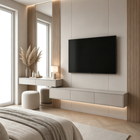 Ensemble de meuble TV mural minimaliste, meuble TV flottant avec coiffeuse et bande LED dissimulée pour chambre à coucher