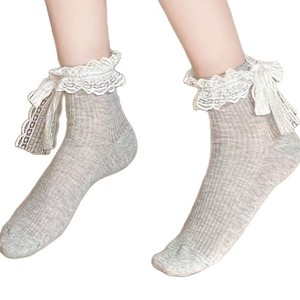 Women Ankle <b>Socks</b> White <b>Black</b> Gray Lace Bow Breathable Polyester Fiber Sweat Absorbing Solid Color Youth 18 40 Years Old - Product Image 4