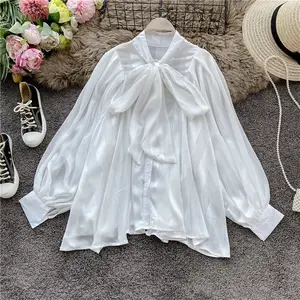 2024 New Design Autumn And Winter Satin Shirt Bow Collar Puff Sleeves Loose And Thin Casual Top