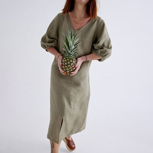 Abito da <span class=keywords><strong>Donna</strong></span> Estivo Nuovo Modello <span class=keywords><strong>in</strong></span> Tessuto di <span class=keywords><strong>Lino</strong></span> e Cotone Ecologico Lunghezza Midi con Scollo a V per Uscire - Product Image 4