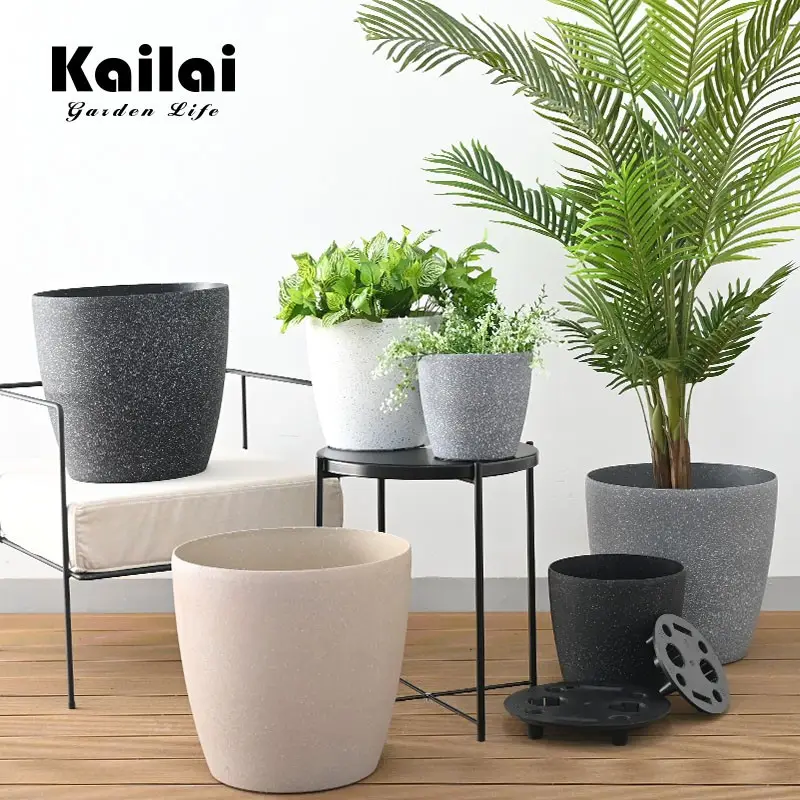 Kailai Home Garden Decorative Concrete Effect Large Automatic Self Watering Plastic Plant Flower Pot Planters With Inner Trays