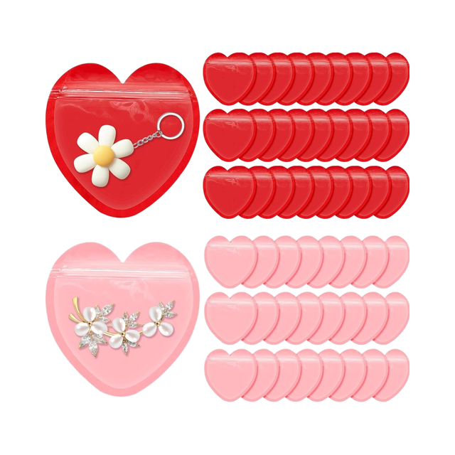 100pcs Gemstone Jewelry Heart-Shaped Resealable Waterproof PVC Screen Printed Pink Red Customizable Plastic Bags Button Closure