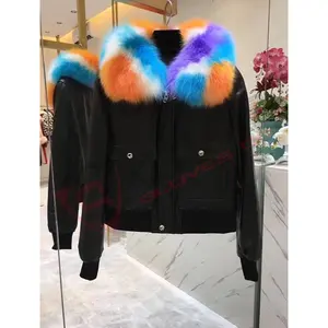 Куртка из дышащей кожи с цветным меховым воротником из овчины кожаное пуховое пальто и куртки