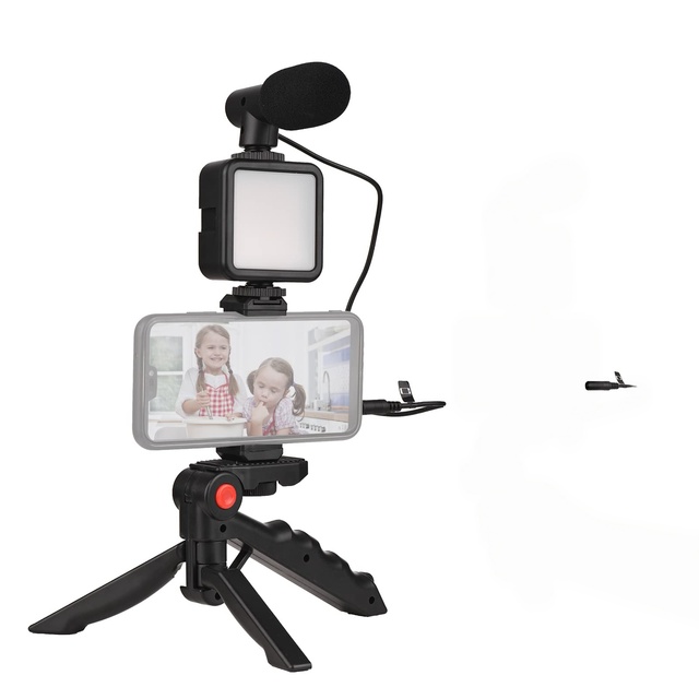 Tripod Stand 3-in-1 Dynamic Wireless Microphone LED Light Video Vlogging Kit Desktop YouTube TikTok Starter Phone Camera Live