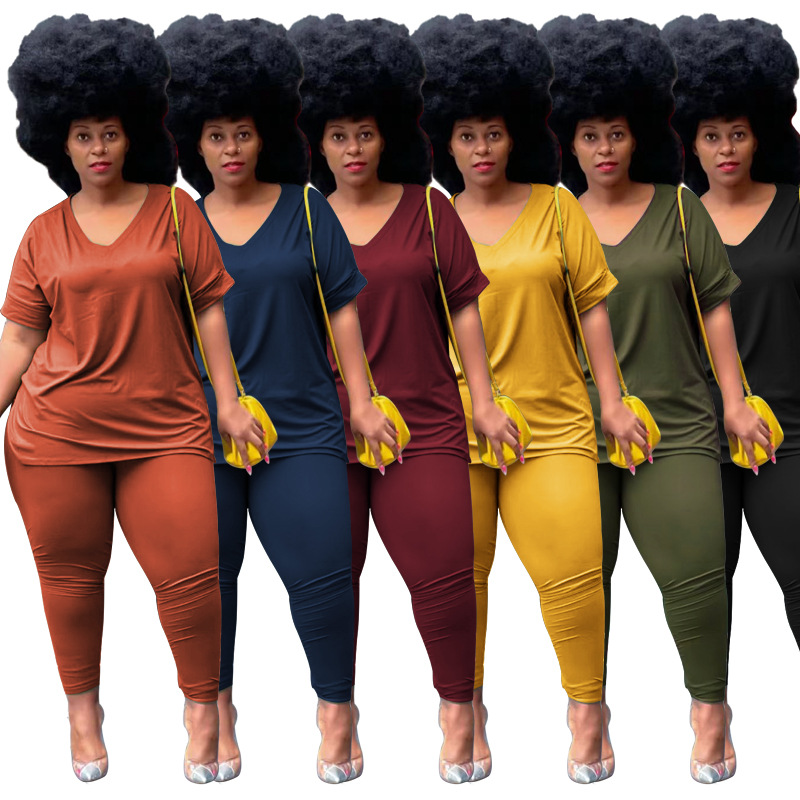 Nieuw Product 2022 Populaire Plus Size Vrouwen Kleding Effen Kleur V-hals Losse Spleet Twee Stuk Broek Set Vrouwen