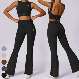 Conjunto Deportivo de Dos Piezas para Mujer, Leggings de Yoga para Correr y Hacer Ejercicio, Pantalones Acampanados, Ropa Deportiva para Gimnasio, Transpirable, de Nailon y Elastano - Product Image 4