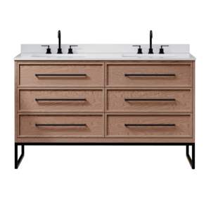 Novedad de 2025, tocador de baño minimalista independiente con marco de madera y tapa de mármol - Product Image 3