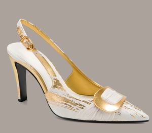 New Women's Fashion Elegant Slingback Pumps Pointed <b>Toe</b> <b>Closed</b> <b>Toe</b> Textile Upper with Gold Decoration Thin Heel for Party Office - Product Image 1