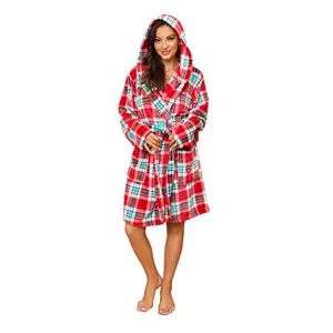 MQF Roupa de pijama de flanela xadrez grossa com capuz para meninas e mulheres, camisola de lã fofa para o inverno