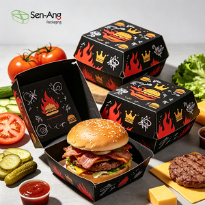 Caja para Hamburguesas Halal Impresa Personalizada, Cartón de Grado Alimenticio, Resistente <span class=keywords><strong>a</strong></span> la Grasa, Desechable, para <span class=keywords><strong>Comida</strong></span> para Llevar, OEM - Product Image 1