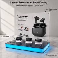 Support d'affichage pour écouteurs sans fil TWS avec base lumineuse LED, 3 zones d'affichage, panneau acrylique personnalisable, démonstration de vente au détail d'écouteurs Bluetooth