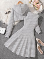 Ensemble Filles Adolescentes Automne Hiver 2025 Haut Irrégulier Uni à Capuche Manches Longues et Robe Tricotée Sans Manches 2 Pièces Vêtements Enfants en Gros