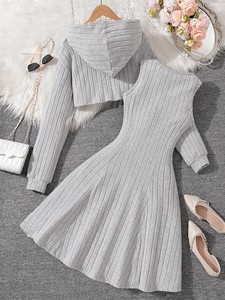 2025 <span class=keywords><strong>autunno</strong></span> <span class=keywords><strong>inverno</strong></span> Teen girl tailleur tinta tinta unita manica lunga con cappuccio abito irregolare senza maniche in maglia 2 pz all'ingrosso <span class=keywords><strong>abbigliamento</strong></span> per bambini - Product Image 3