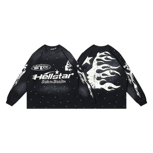 Camiseta de Manga Larga de Algodón Puro, Estampada, Lavada y Desgastada, Estilo Urbano de Hell Star Fashion, Transpirable, para <span class=keywords><strong>Comercio</strong></span> Exterior - Product Image 5